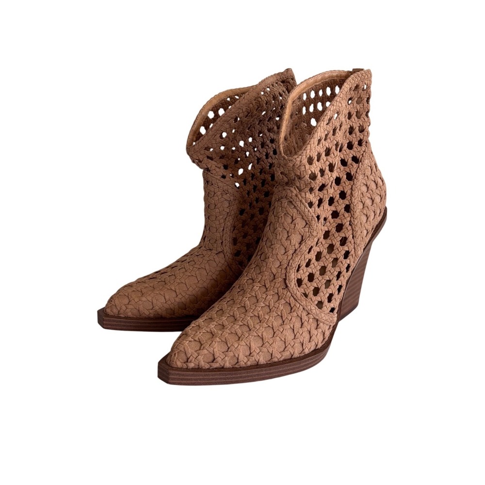 Jessica Simpson Tan Woven Cutout Pointed Toe Ankle Boots Block Heel Womens 7.5
